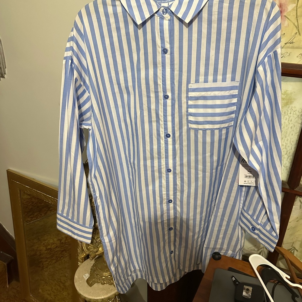 Blue and White Striped oversized Women's Button Down Shirt-4/6